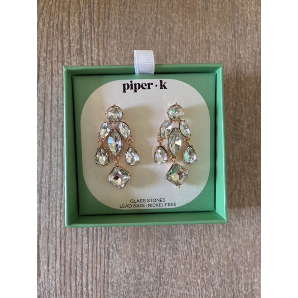 NWT Piper K Crystal Chandelier Statement Earrings Gold Tone Glass Stones 2.25"